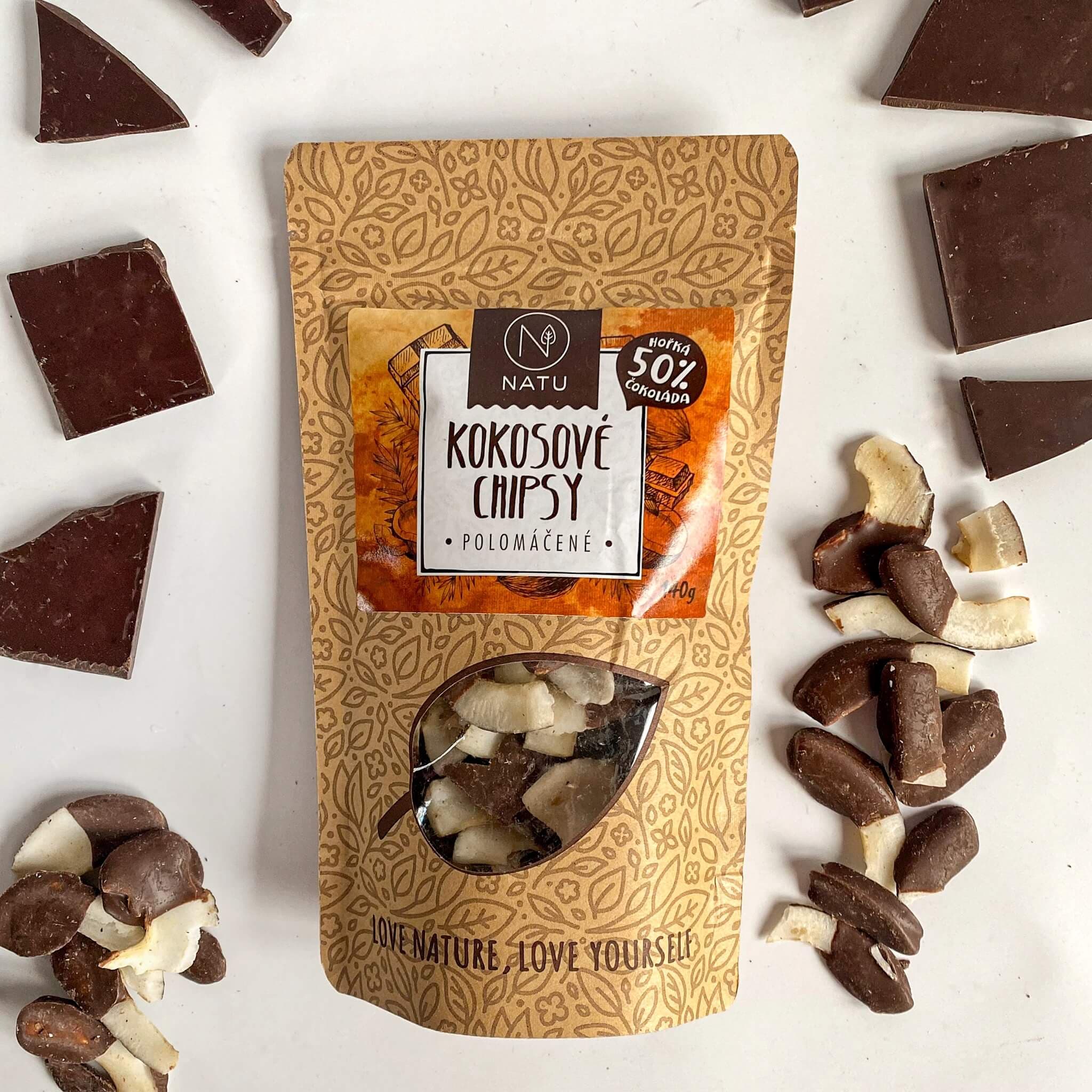 NATU Kokosové chipsy polomáčené 50% hořká čokoláda 140g - náhled 4