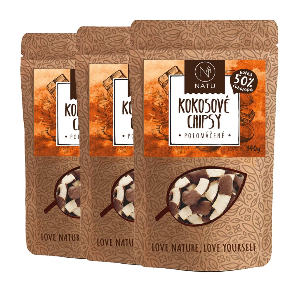 NATU Kokosové chipsy polomáčené 50% hořká čokoláda 3x140g