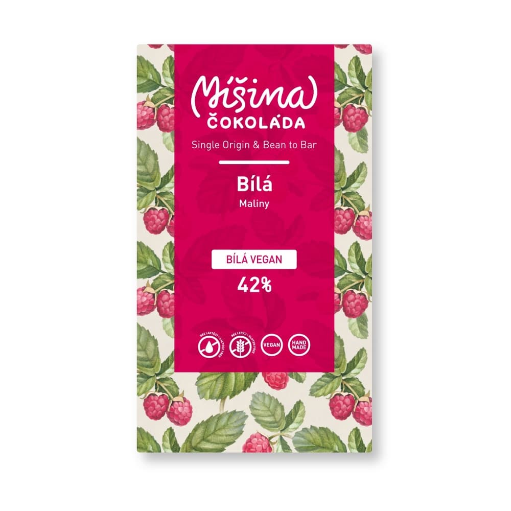 Míšina čokoláda Bílá vegan 42% s malinami 50g
