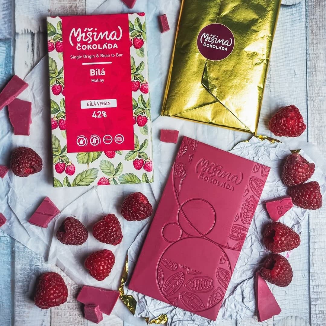 Míšina čokoláda Bílá vegan 42% s malinami 50g - náhled 3